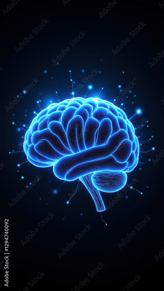 Poster blue digital rendering of human brain with ai light effects, symbolizing artificial general intellig