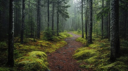 Obraz premium Rainy Forest Path: Mossy Green Woodland Trail