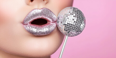 Female mouth with bright lips and disco ball lollipop on a stick, creative party concept, nightclub, disco advertisement