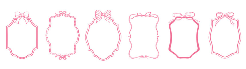 Cute frame with ribbon and bow set. Pink color hand drawn doodle vector illustration. Decorative border.