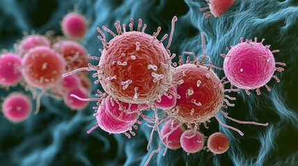 A dynamic illustration of various cell structures interacting under a microscope, highlighting their intricate forms and vibrant colors. This artwork captures the essence of cellular life