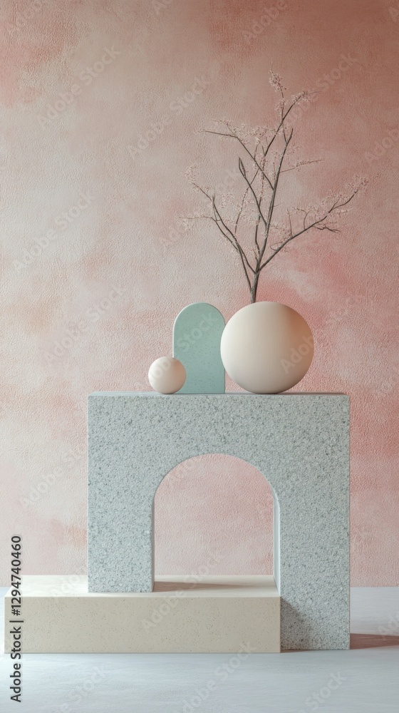 Poster Soft pastel shapes create a tranquil atmosphere, with a delicate branch adding a touch of nature. This minimalist display showcases harmony between form and color, enhancing any interior