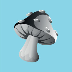 Obraz premium Ilustracja wektorowa Mystical amanita mushroom w kolorze czarno-białym na niebieskim tle. Amanita muscaria. 