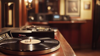 An old record player sitting on a wooden table. Vintage vintage hat with a vintage hat. A store record is being scanned. An antique record player resting on a wooden table lifestyle.