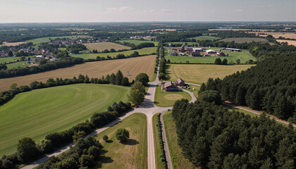 Aerial view of green fields and distant forest landscape