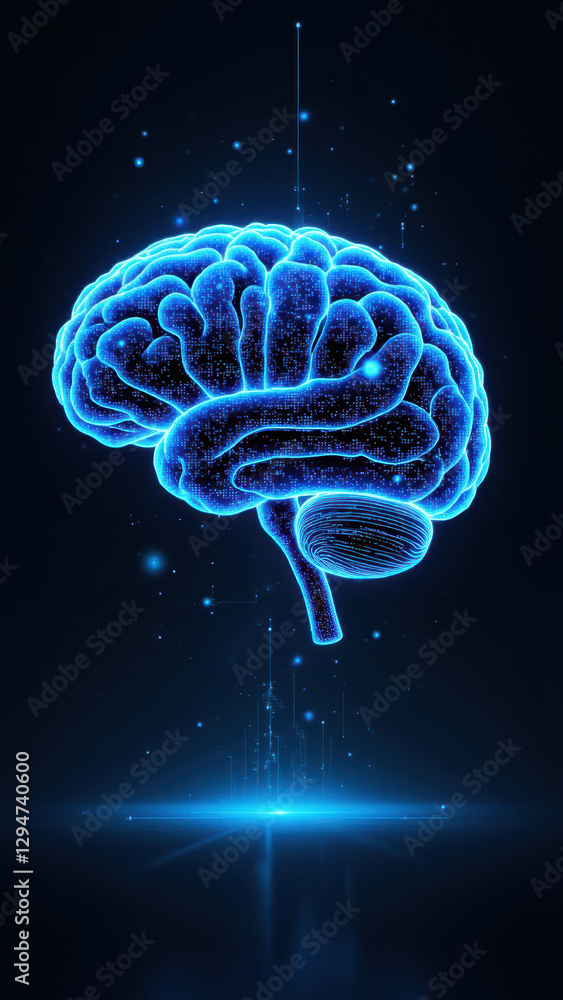 Poster a graphic representation of a human brain with ai technology elements around it, symbolizing artific