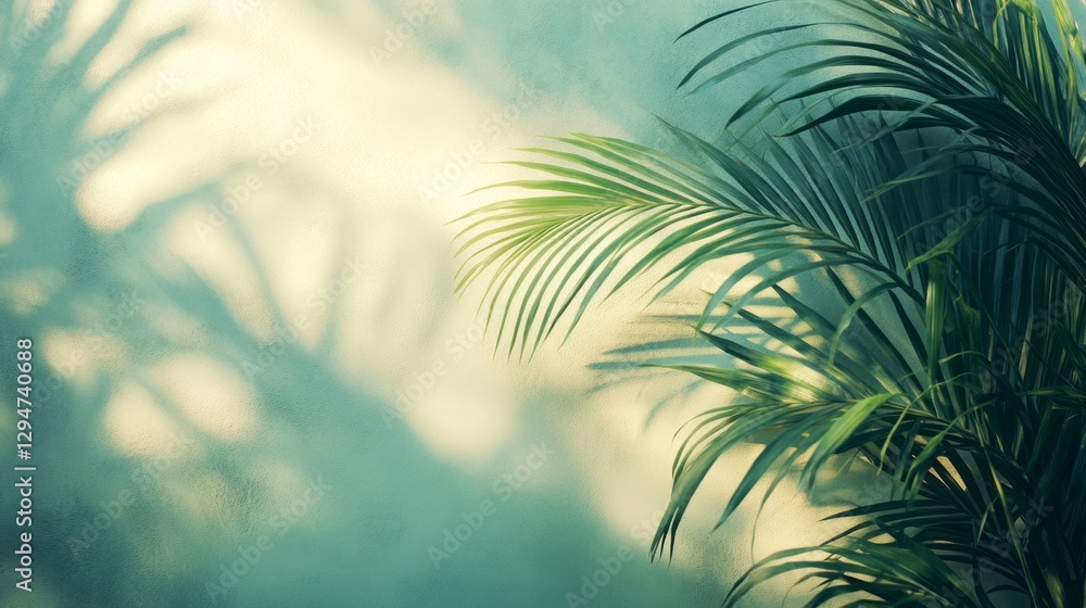 Poster delicate palm fronds stretch towards the light, their shadows softly dancing on a gentle backdrop. t