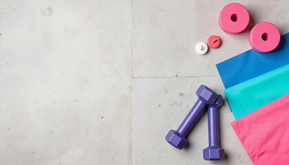 Fitness equipment and weights on neutral background