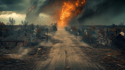 Destruction and Chaos as a Powerful Tornado Strikes a Rural Village. Generative AI