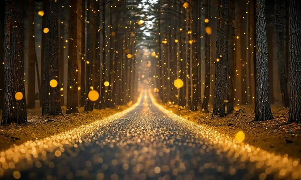 Enchanted forest pathway illuminated by glowing orbs, surrounded by tall trees and a mystical atmosphere