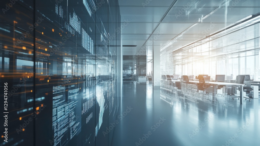 Poster bright and dynamic office workspace with visual data
