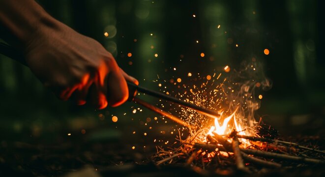 Striking flint and steel creating a shower of sparks to ignite kindling