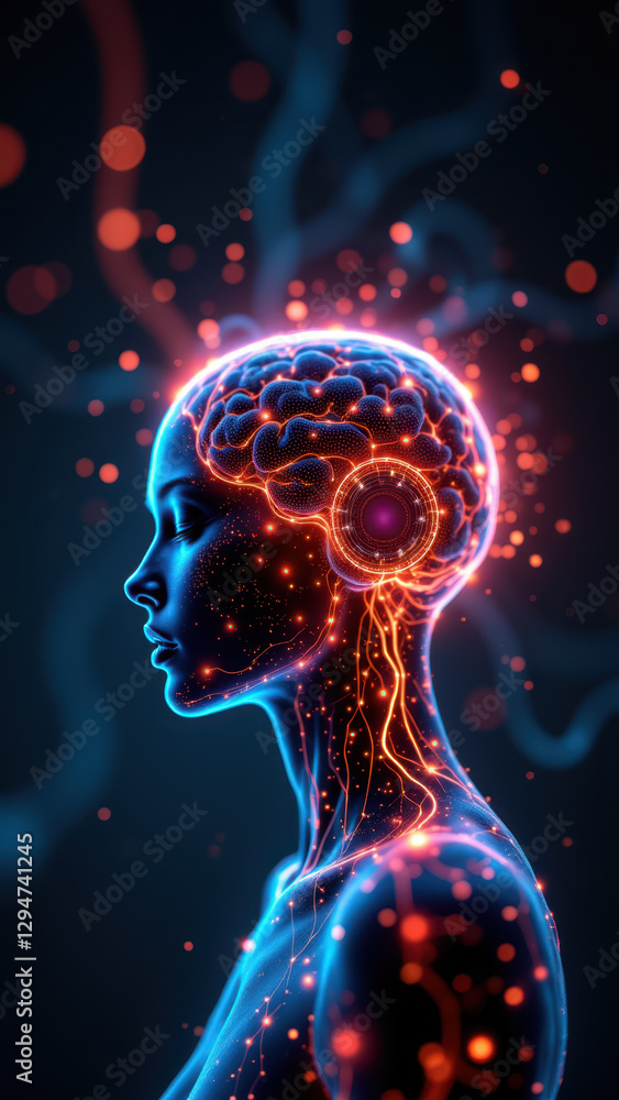 Poster illustration of an ai with a human-like form, showcasing neural networks and technology within its h