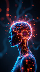 Naklejka premium Illustration of an AI with a human-like form, showcasing neural networks and technology within its head.