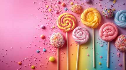 Bright and Colorful Lollipops with Sprinkles on Gradient Background. Generative AI