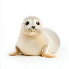 Adorable Baby Seal Pup with Big Dark Eyes and Creamy Fur on White Background