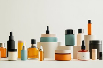Set of cosmetic jars and bottles arranged in a minimalist aesthetic