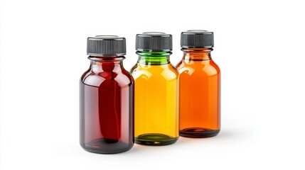 Three Glass Bottles with Amber, Golden, and Green Liquids on White Background: Perfect for Product Photography or Medical Contexts