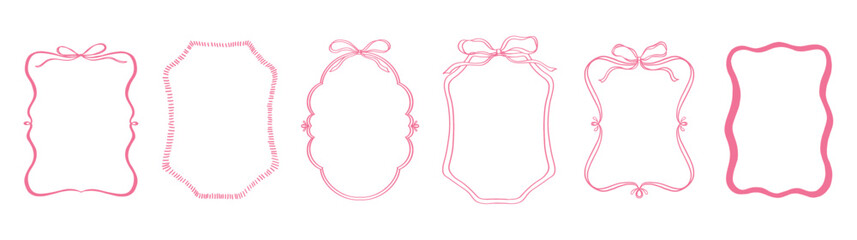 Cute frame with ribbon and bow set. Pink color hand drawn doodle vector illustration. Decorative border.