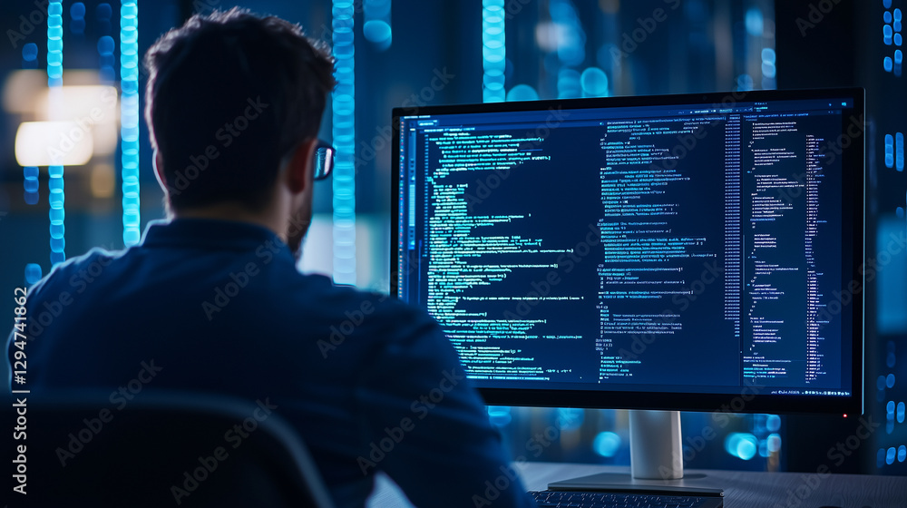 Poster young male engineer coding blockchain software in modern office