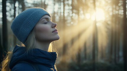 Serene woman in sunlit forest, eyes closed, embracing nature, mindfulness, and relaxation