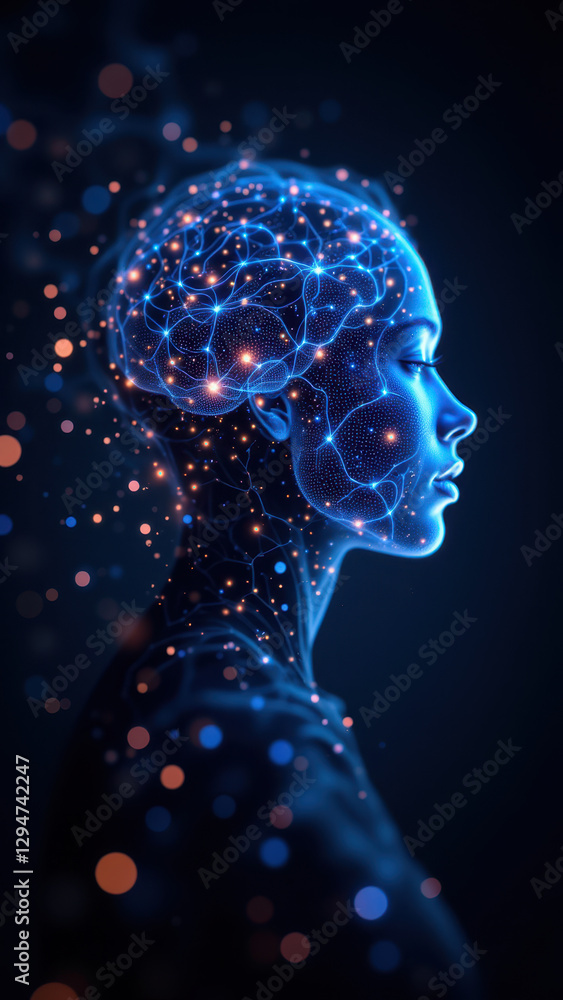 Poster artistic representation of artificial general intelligence with glowing neural network inside human-