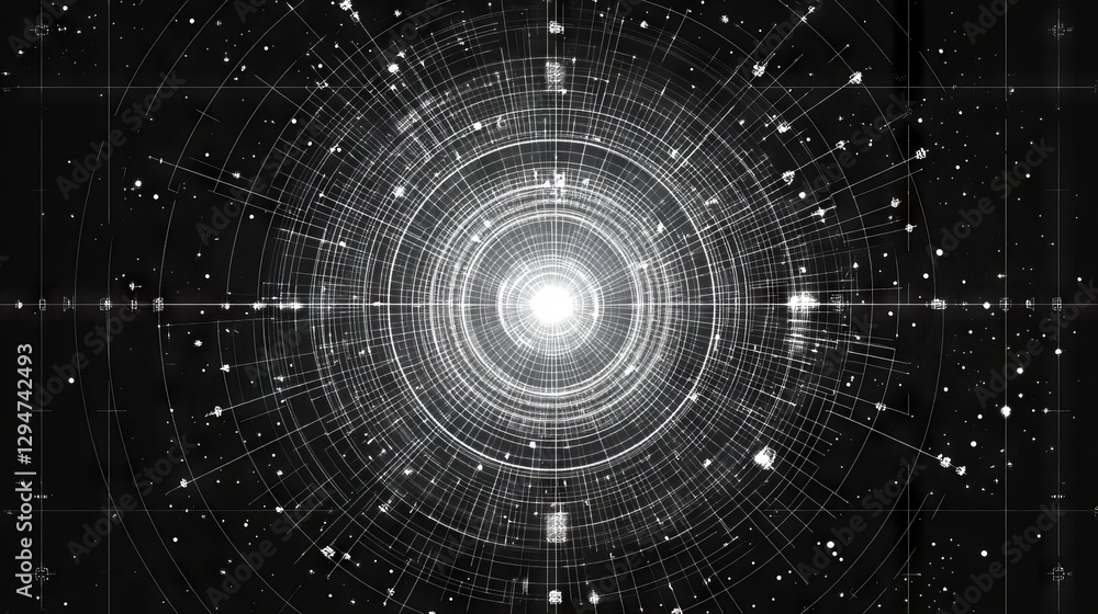 Poster a black and white 3d grid background featuring abstract math, geometric formulas, and a network of i