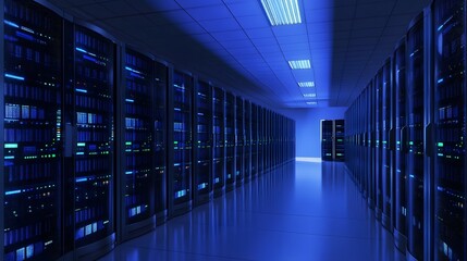 Fototapeta premium Interior view of a high-tech server room with rows of servers illuminated in blue light