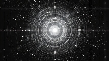 Fototapeta premium A black and white 3D grid background featuring abstract math, geometric formulas, and a network of information