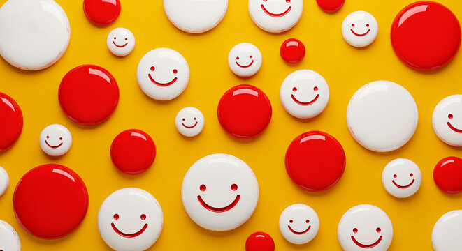 happy colorful smiling circles red and white on a yellow background