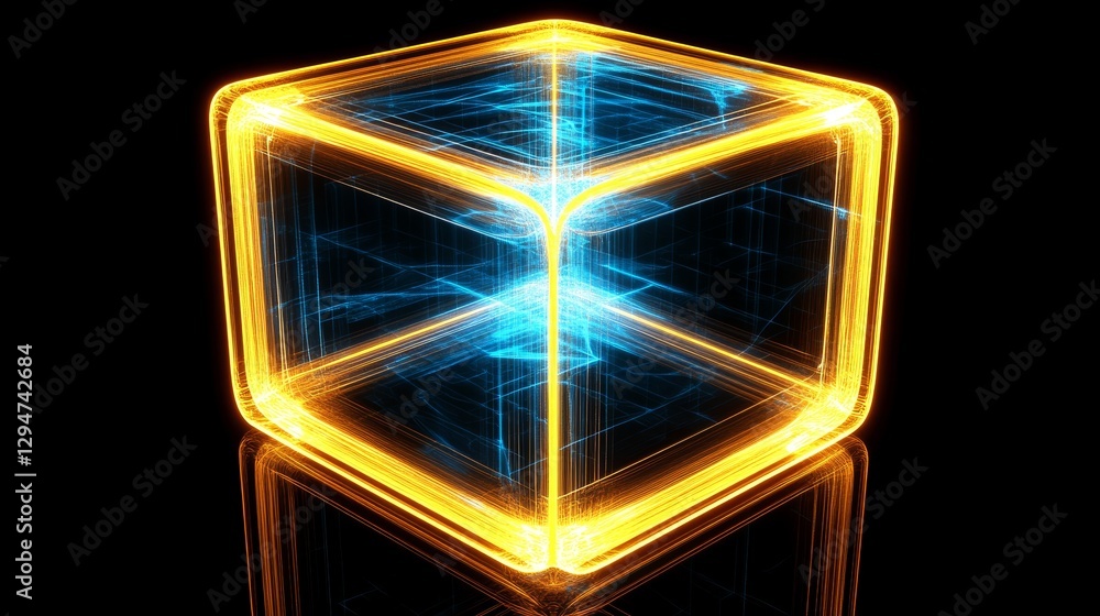 Poster a black and white rotating cube with a retro 80s 90s geometric wireframe grid, depicted in a 3d abst