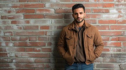 Obraz premium Young Middle-Eastern Man in His 20s Standing Casually with a Confident Stance Against a Brick Wall, Wearing a Jacket and Jeans