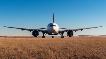 A sleek commercial airplane stands prominently in a vast field, showcasing its impressive wingspan and powerful engines. The clear sky provides a perfect backdrop for this aviation marvel