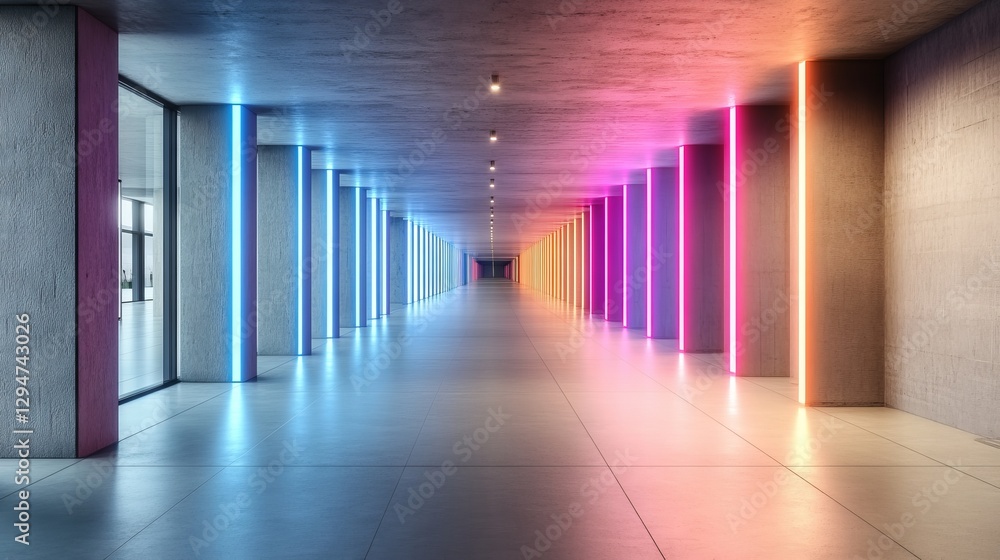 Poster an abstract backdrop with neon pink glowing rays creating a tunnel corridor portal and a mirror glas