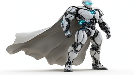 An Stock image featuring a 3D render of an abstract cartoon cyber cyborg metallic chrome robot superhero in a black cloak and cape, with a white background. The futuristic machinery and toy character