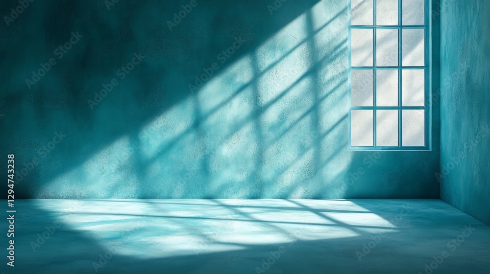 Poster bright sunlight filters in through a window, creating a mesmerizing play of shadows on the cool turq