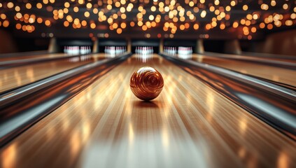 A striking image of a bowling ball striking pins in a bowling alley, enhanced by lively lights and a sense of motion. Sports concept.