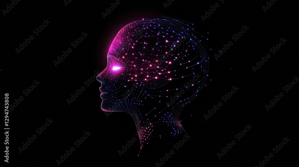 Fototapete human head silhouette filled with glowing ai nodes and cosmic patterns in a cyberpunk environment. g