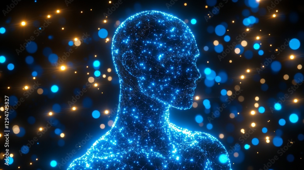 Poster featuring a robot with an ai circuit board brain, this abstract image showcases glowing innovation a