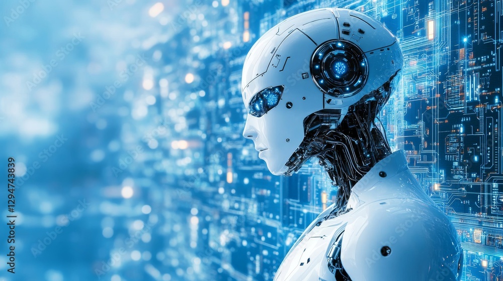 Poster a high-tech female robot with an artificial intelligence ai circuit board brain. an abstract, illumi