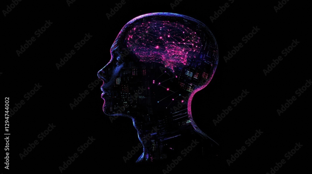 Fototapete illuminated human head silhouette with ai nodes and cosmic patterns in cyberpunk style. generative a