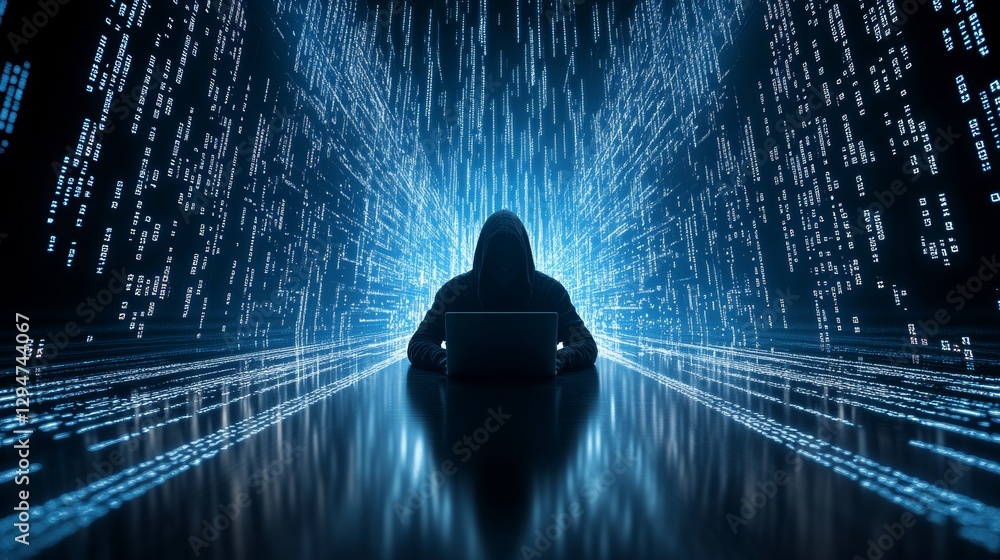 Poster a concept image of a futuristic digital room with an anonymous hacker in a black hoodie, highlightin