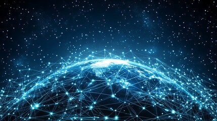 Obraz premium An advanced neon tech Earth with luminous wireframe grid connections, representing worldwide scientific communication. Perfect for presentation backdrops