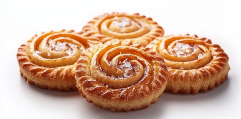 Fototapeta premium Four golden cookies, topped with caramel swirls and coarse salt, are displayed on a white background, emphasizing their sweet and savory appeal