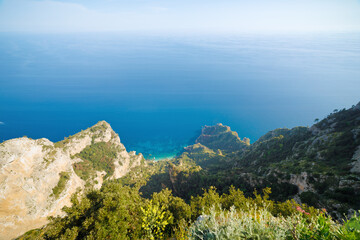 Breathtaking aerial view from Monte Solaro in Anacapri, Capri Island, Italy, showcasing lush...