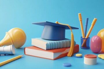 Education study learning back to school theme, 3D rendering of graduation hat, pencil, book, lecture certification, science, art icons, vibrant and detailed design