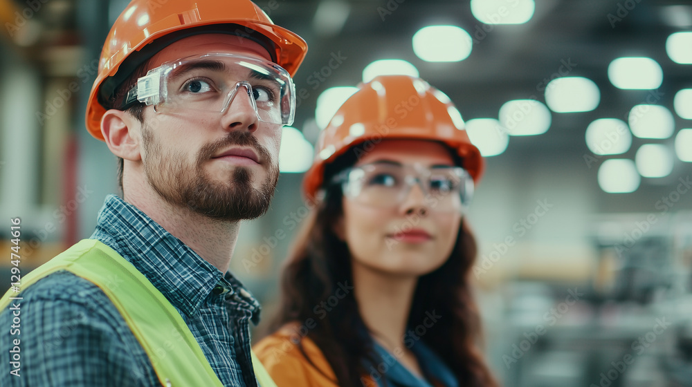 Poster teamwork in modern factory with robotics and engineering