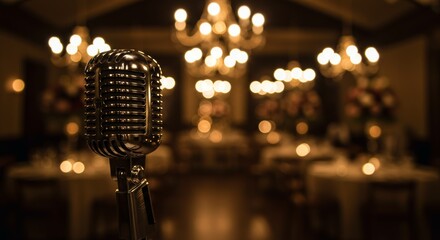 Vintage chrome microphone spotlighted in elegant event space atmosphere