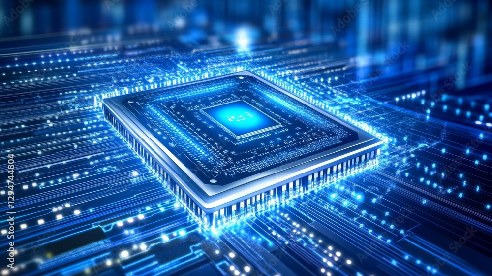 Aufkleber futuristic ai image of a digital chip with data, glowing in neon blue, embodying a technology and el