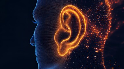 A dark black background showcases a neon wireframe grid of a human ear, highlighting futuristic AI technology, digital advancements, and innovation in cyborg communication networks